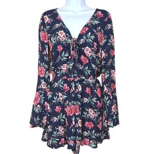 Floral Bell Sleeve Romper Sz Small Navy V-Neck American Eagle Flowy Spring Boho